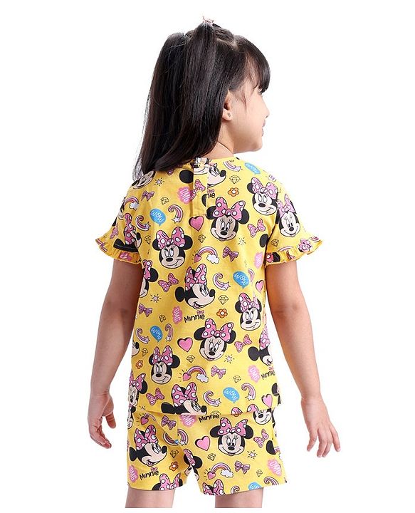 Babyhug Disney Single Jersey Half Sleeves Night Suit Minnie Mouse Print - Yellow