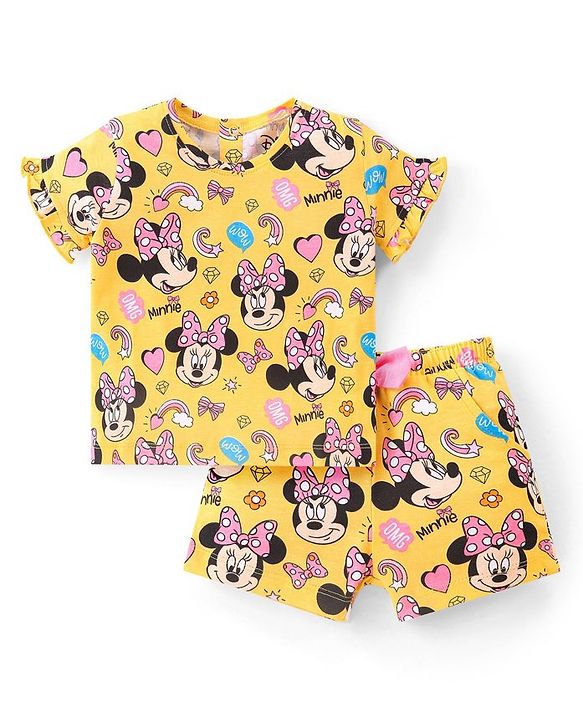 Babyhug Disney Single Jersey Half Sleeves Night Suit Minnie Mouse Print - Yellow