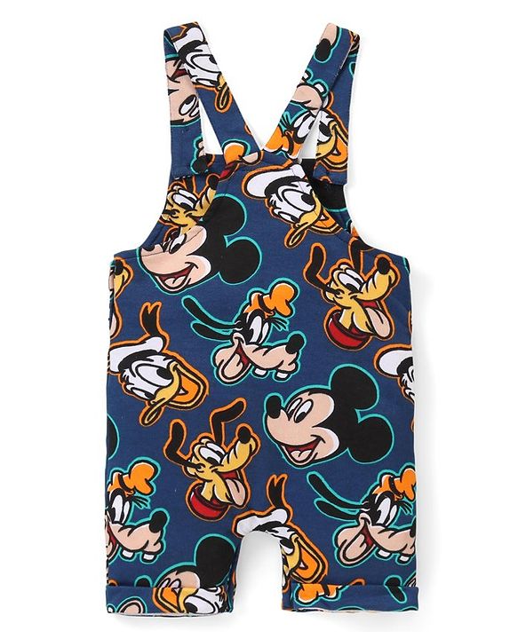 Babyhug Disney Cotton Knit Dungarees with Half Sleeves T-Shirt Mickey Mouse Print - Blue