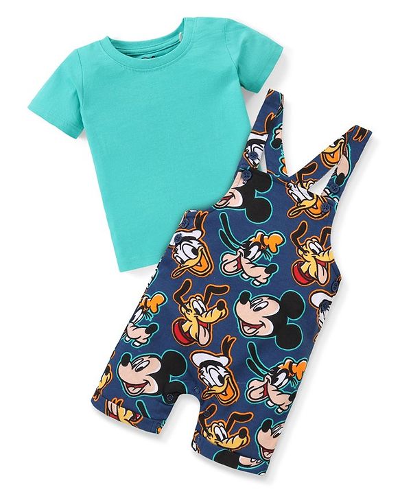Babyhug Disney Cotton Knit Dungarees with Half Sleeves T-Shirt Mickey Mouse Print - Blue