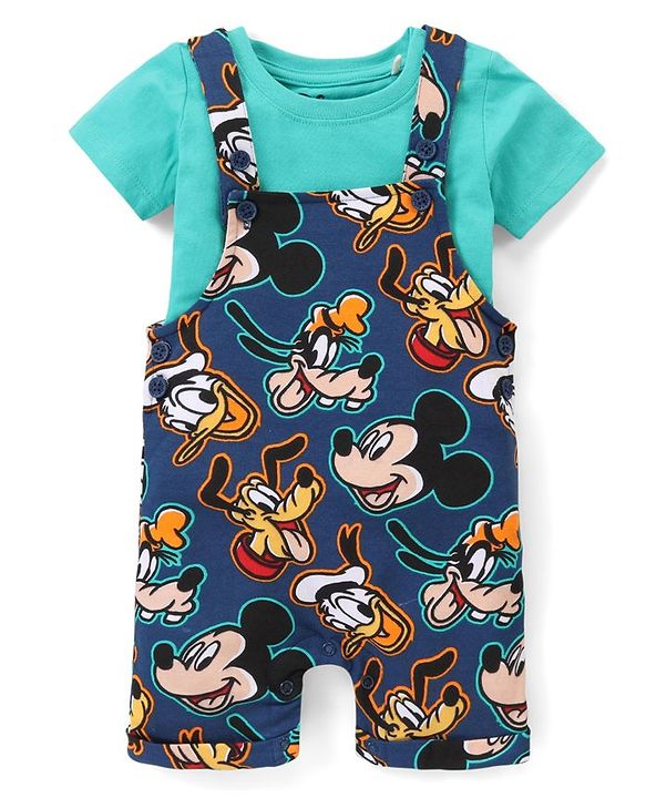 Babyhug Disney Cotton Knit Dungarees with Half Sleeves T-Shirt Mickey Mouse Print - Blue
