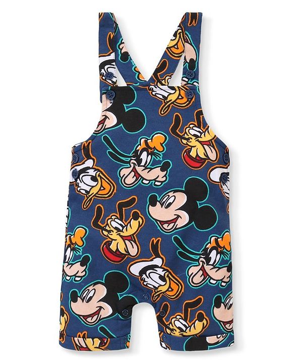 Babyhug Disney Cotton Knit Dungarees with Half Sleeves T-Shirt Mickey Mouse Print - Blue