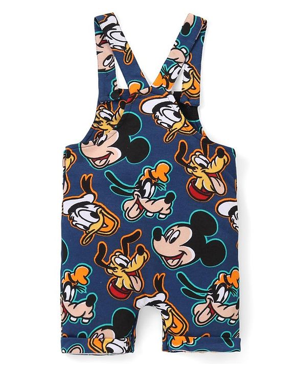 Babyhug Disney Cotton Knit Dungarees with Half Sleeves T-Shirt Mickey Mouse Print - Blue