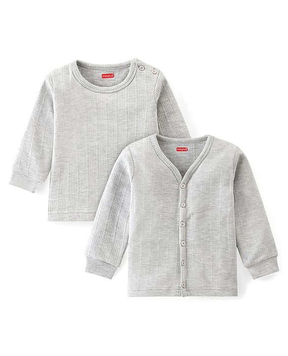 Babyhug Full Sleeves Thermal Front Open & Pullover Thermal Vest Solid Colour Pack Of 2 - Light Grey