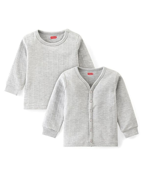 Babyhug Full Sleeves Thermal Front Open & Pullover Thermal Vest Solid Colour Pack Of 2 - Light Grey