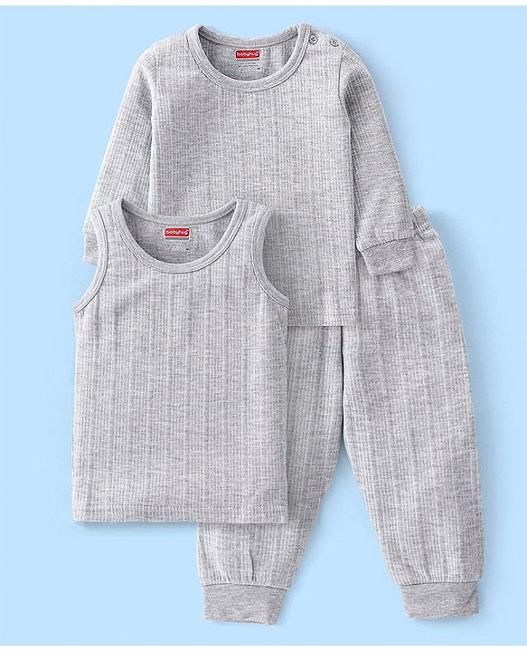 Babyhug Full Sleeves Thermal Vests & Pant Set - Light Grey
