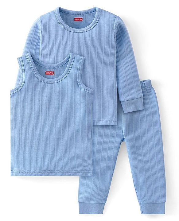 Babyhug Full Sleeves Solid Thermal Vests & Pant Set of 3 - Blue
