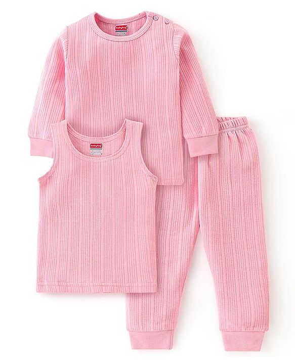 Babyhug Full Sleeves Solid Thermal Vests & Pant Set of 3 - Pink