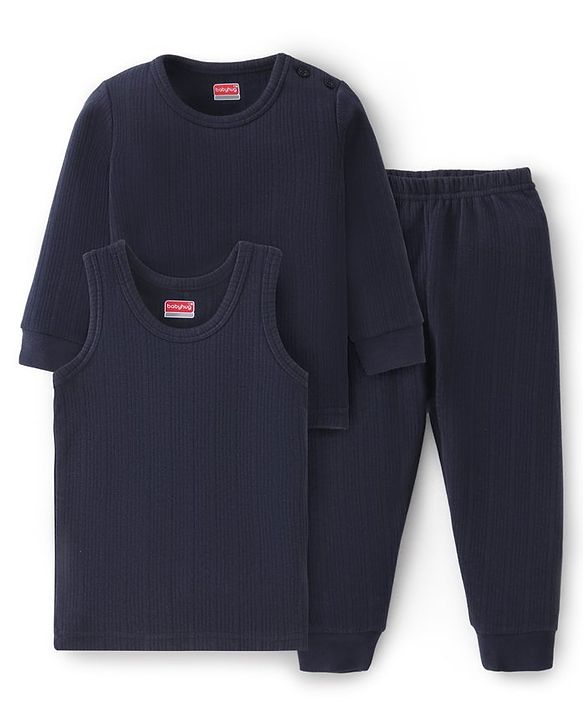 Babyhug Full Sleeves Solid Thermal Vests & Pant Set of 3 - Navy Blue