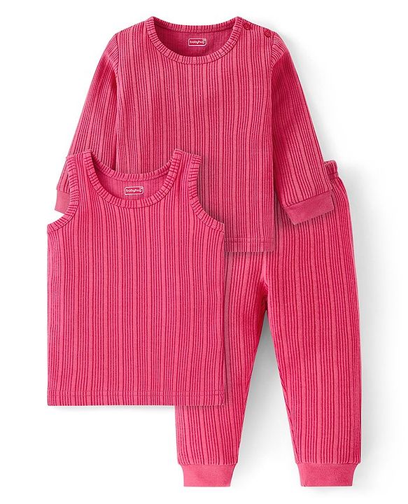 Babyhug Full Sleeve & Sleeveless Solid Thermal Vests & Pant - Coral