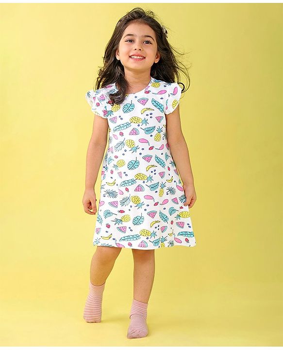 Babyhug Cotton Knit Cap Sleeve Nighty With Fruit Print - White
