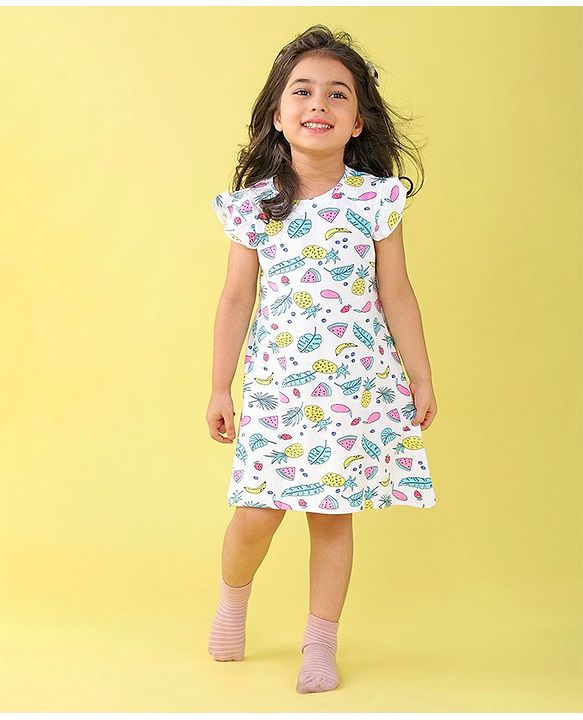 Babyhug Cotton Knit Cap Sleeve Nighty With Fruit Print - White