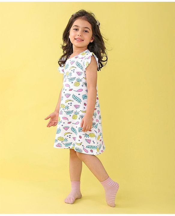 Babyhug Cotton Knit Cap Sleeve Nighty With Fruit Print - White