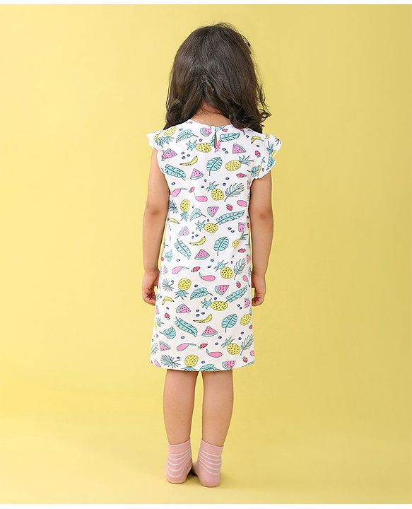 Babyhug Cotton Knit Cap Sleeve Nighty With Fruit Print - White