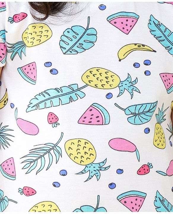 Babyhug Cotton Knit Cap Sleeve Nighty With Fruit Print - White