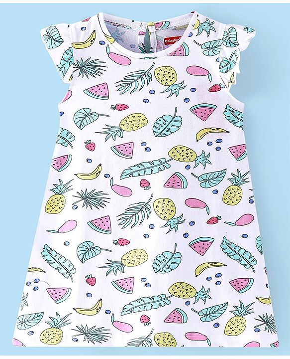 Babyhug Cotton Knit Cap Sleeve Nighty With Fruit Print - White