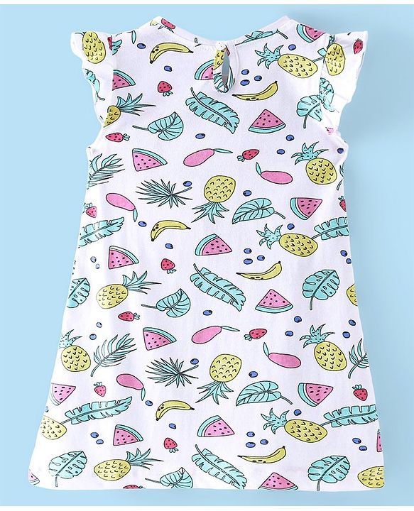 Babyhug Cotton Knit Cap Sleeve Nighty With Fruit Print - White