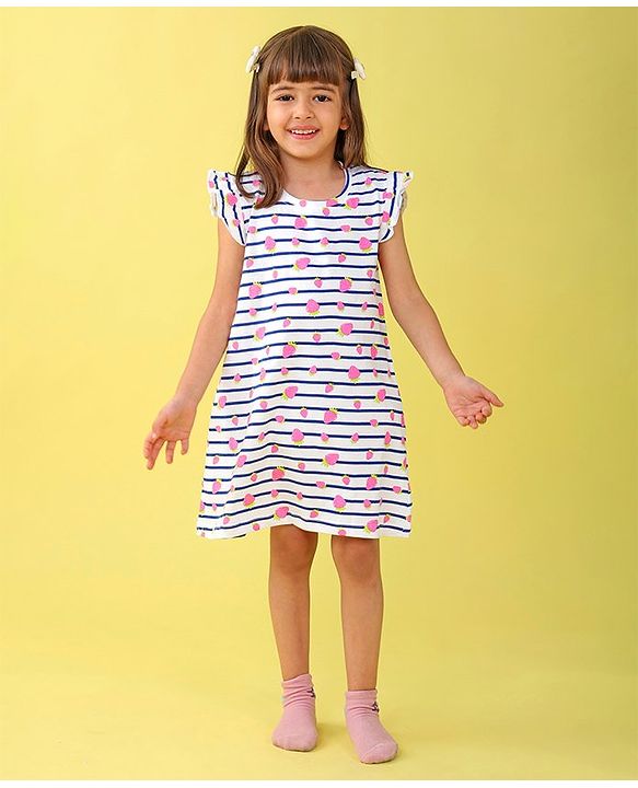 Babyhug Cotton Knit Cap Sleeve Nighty With Strawberry Print - White
