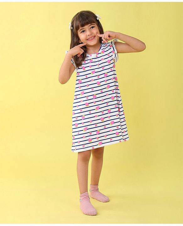 Babyhug Cotton Knit Cap Sleeve Nighty With Strawberry Print - White