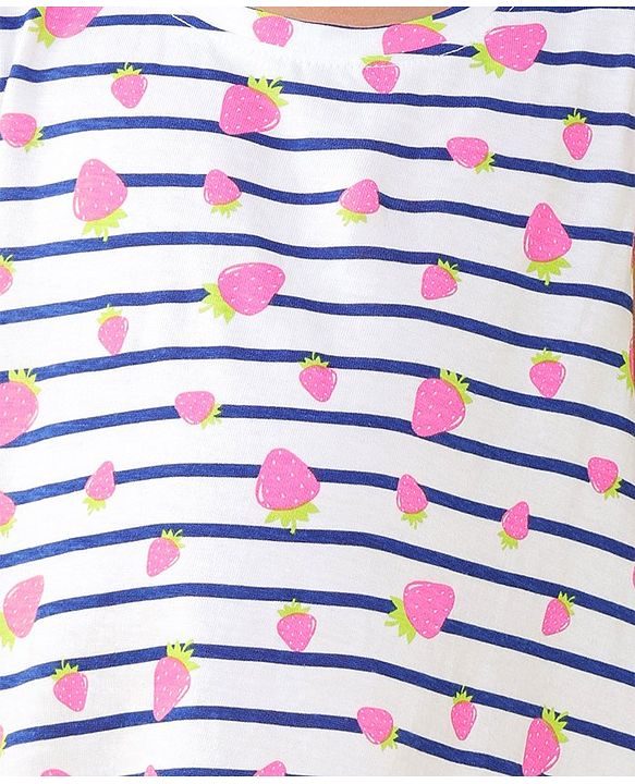 Babyhug Cotton Knit Cap Sleeve Nighty With Strawberry Print - White