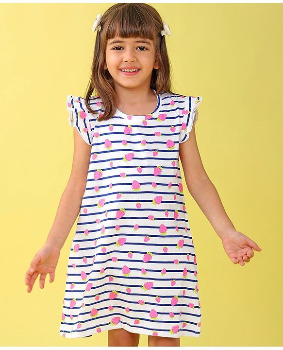 Babyhug Cotton Knit Cap Sleeve Nighty With Strawberry Print - White