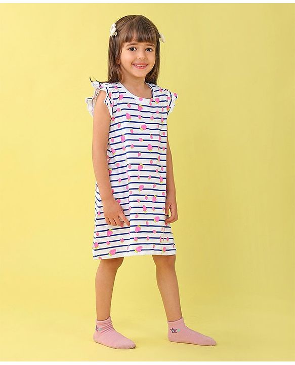 Babyhug Cotton Knit Cap Sleeve Nighty With Strawberry Print - White