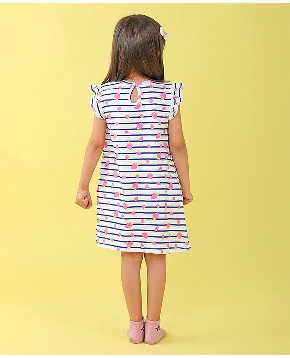 Babyhug Cotton Knit Cap Sleeve Nighty With Strawberry Print - White