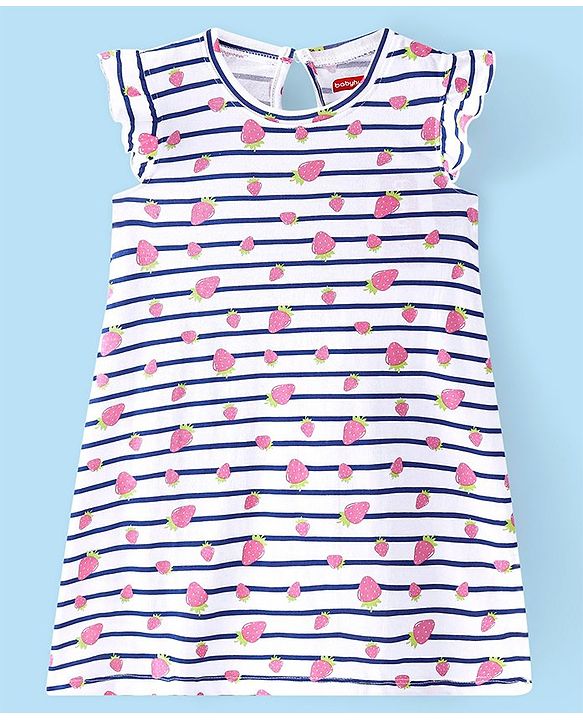 Babyhug Cotton Knit Cap Sleeve Nighty With Strawberry Print - White