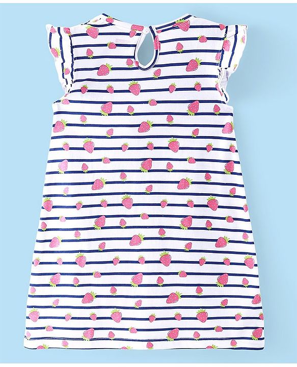 Babyhug Cotton Knit Cap Sleeve Nighty With Strawberry Print - White