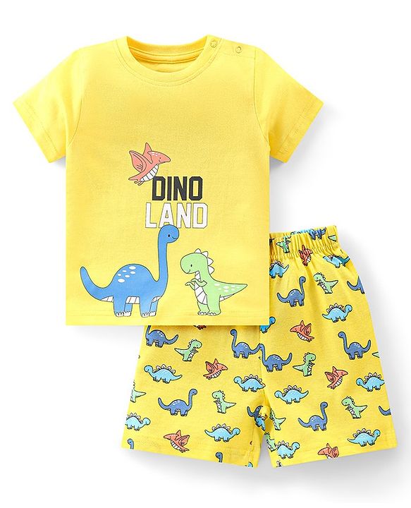 Babyhug Single Jersey Knit Half Sleeves Dino Printed Night Suit - Yellow
