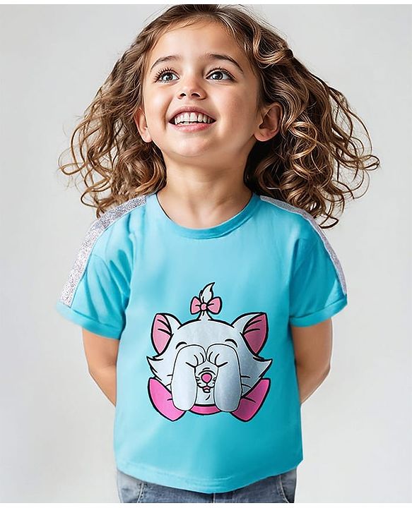 Babyhug Disney Cotton Knit Half Sleeves Oversized Drop Shoulders T-Shirt with Sequinned Detailing & Marie Graphic - Blue