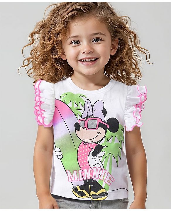 Babyhug Disney Cotton Knit Frill Sleeves T-Shirt with Minnie Mouse Graphics Print and Glitter Graphics - White