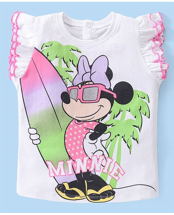 Babyhug Disney Cotton Knit Frill Sleeves T-Shirt with Minnie Mouse Graphics Print and Glitter Graphics - White