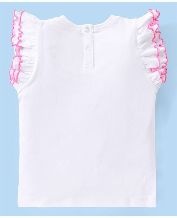 Babyhug Disney Cotton Knit Frill Sleeves T-Shirt with Minnie Mouse Graphics Print and Glitter Graphics - White