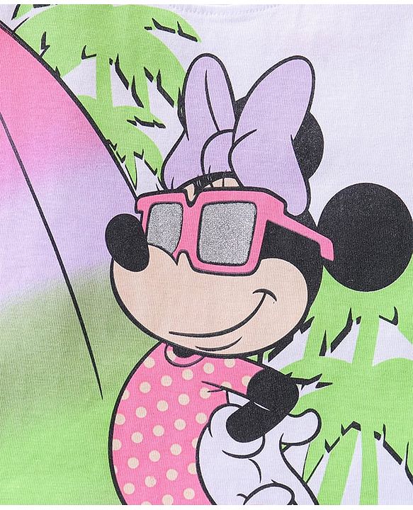 Babyhug Disney Cotton Knit Frill Sleeves T-Shirt with Minnie Mouse Graphics Print and Glitter Graphics - White