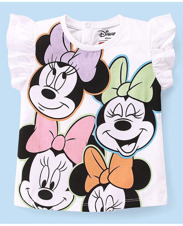 Babyhug Disney Cotton Knit Frill Sleeves Top  with Frill Detailing Minnie Mouse Graphics - White