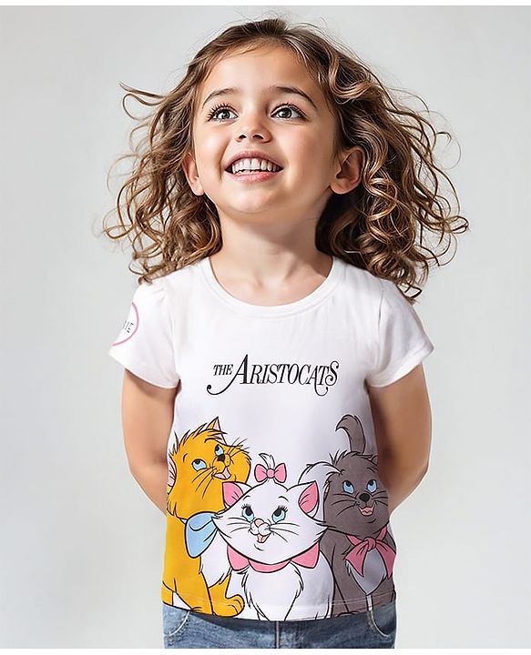 Babyhug Disney Cotton Knit Half Sleeves Top with Marie Graphics- White