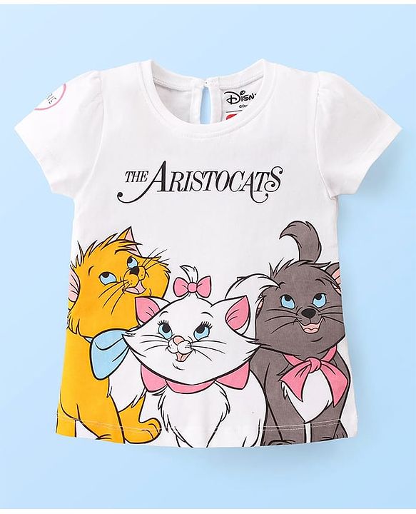 Babyhug Disney Cotton Knit Half Sleeves Top with Marie Graphics- White