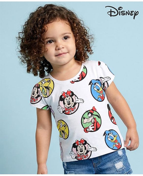 Babyhug Disney Cotton Knit Half Sleeves T-Shirt With Minnie Mouse Family Print - White