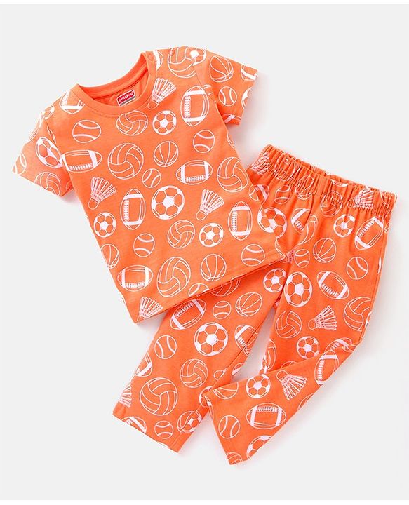 Babyhug Cotton Knit Half Sleeves Night Suit Football Print - Orange
