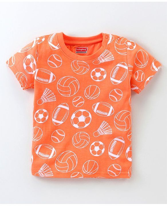 Babyhug Cotton Knit Half Sleeves Night Suit Football Print - Orange