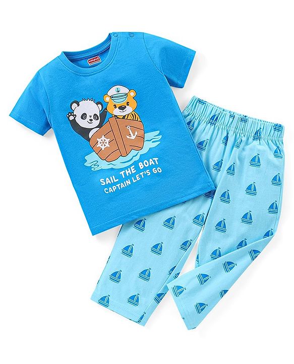 Babyhug Single Jersey Knit Half Sleeves Night Suit Animal Print - Blue