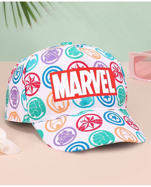 Babyhug Marvel Cotton Summer Cap With Avengers  Print - Bright White