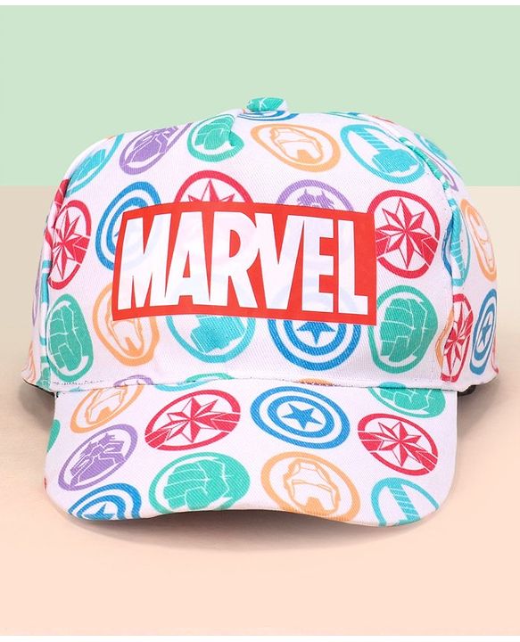 Babyhug Marvel Cotton Summer Cap With Avengers  Print - Bright White