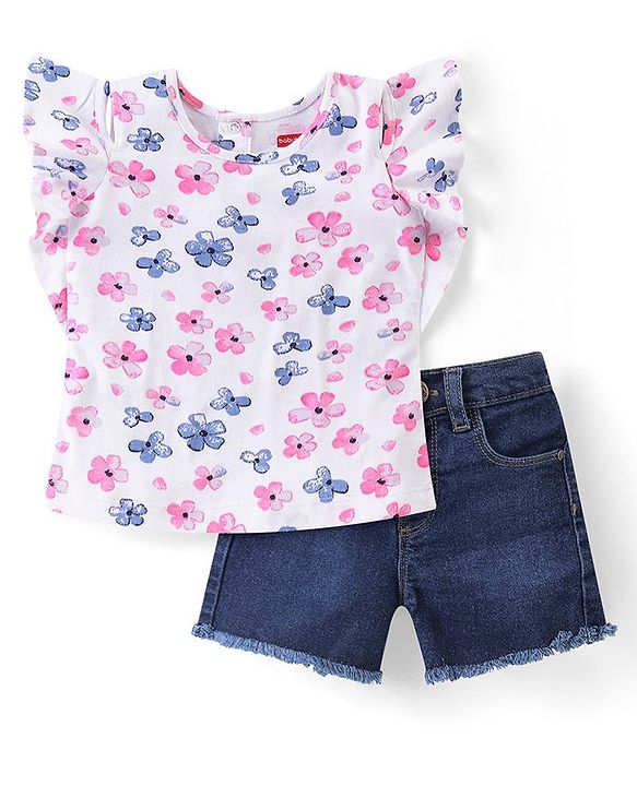Babyhug Single Jersey Knit Frill Sleeves Top With Floral Print & Denim Shorts Set - White  & Blue