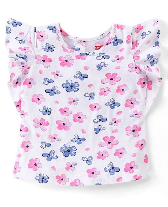 Babyhug Single Jersey Knit Frill Sleeves Top With Floral Print & Denim Shorts Set - White  & Blue
