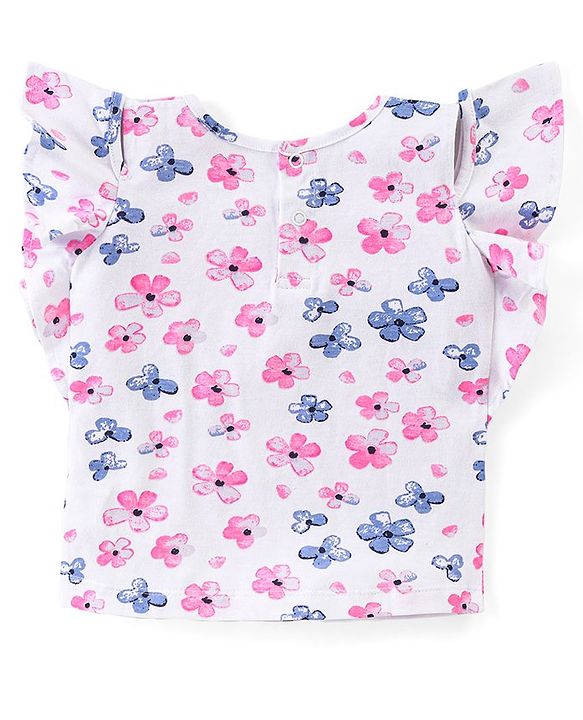 Babyhug Single Jersey Knit Frill Sleeves Top With Floral Print & Denim Shorts Set - White  & Blue