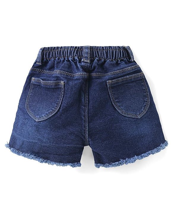 Babyhug Single Jersey Knit Frill Sleeves Top With Floral Print & Denim Shorts Set - White  & Blue
