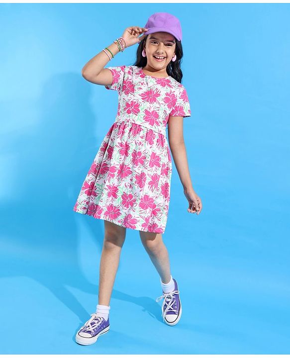 Pine Kids  Cotton Knit Half Sleeves Frock with Floral Print - White