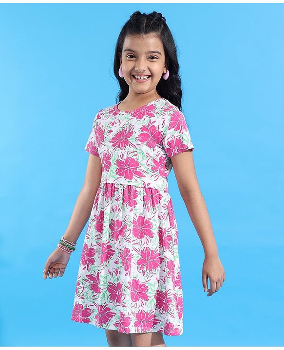 Pine Kids  Cotton Knit Half Sleeves Frock with Floral Print - White